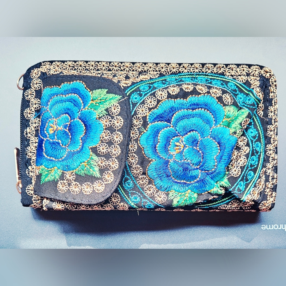 Embroidered Zip-Around Crossbody Wallet
